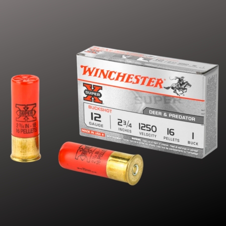 Box of Winchester Super-X #1 buckshot with two red 12-gauge shotgun shells displayed