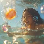 A smiling woman submerged in water with sunlight reflecting off floating bubbles, creating a vibrant and cheerful scene