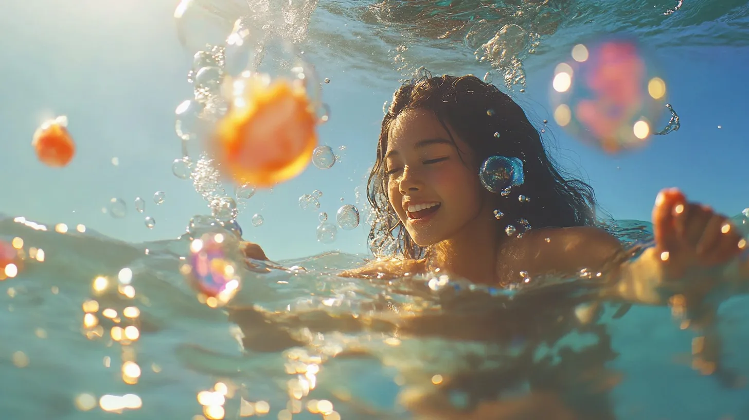 A smiling woman submerged in water with sunlight reflecting off floating bubbles, creating a vibrant and cheerful scene