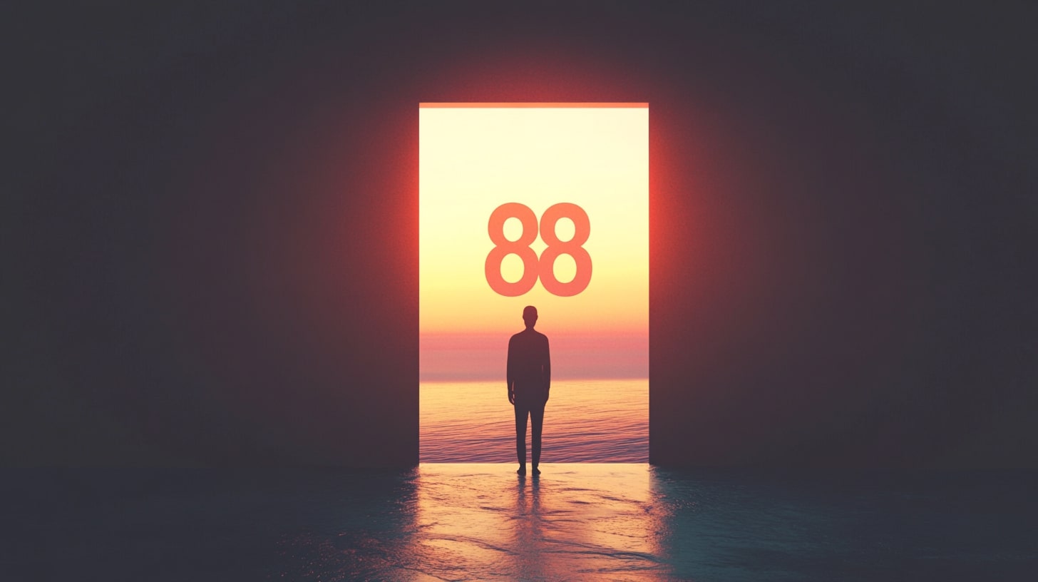 A silhouette of a person standing in front of a glowing doorway with the number 88 floating in the sky, symbolizing transformation and new beginnings