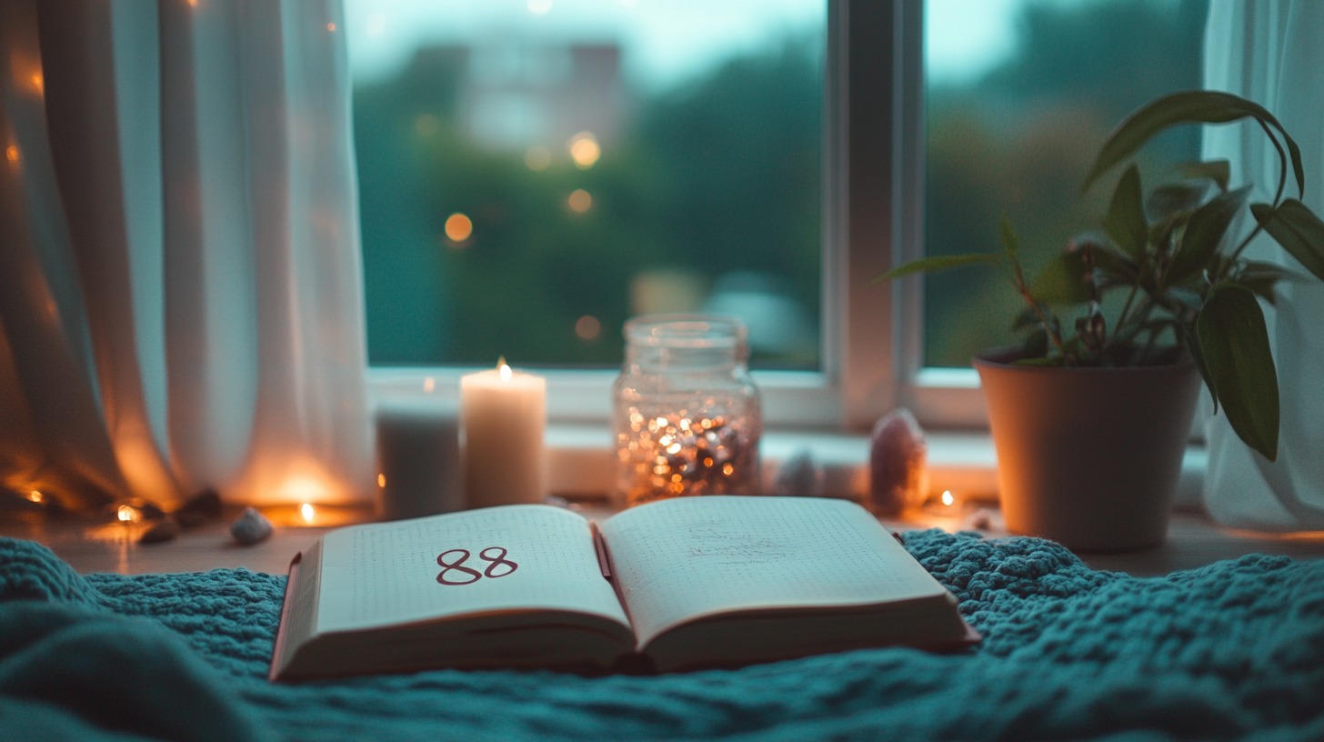 A cozy scene with an open journal showing the number 88, surrounded by candles and soft lighting near a window, symbolizing reflection and spiritual insight