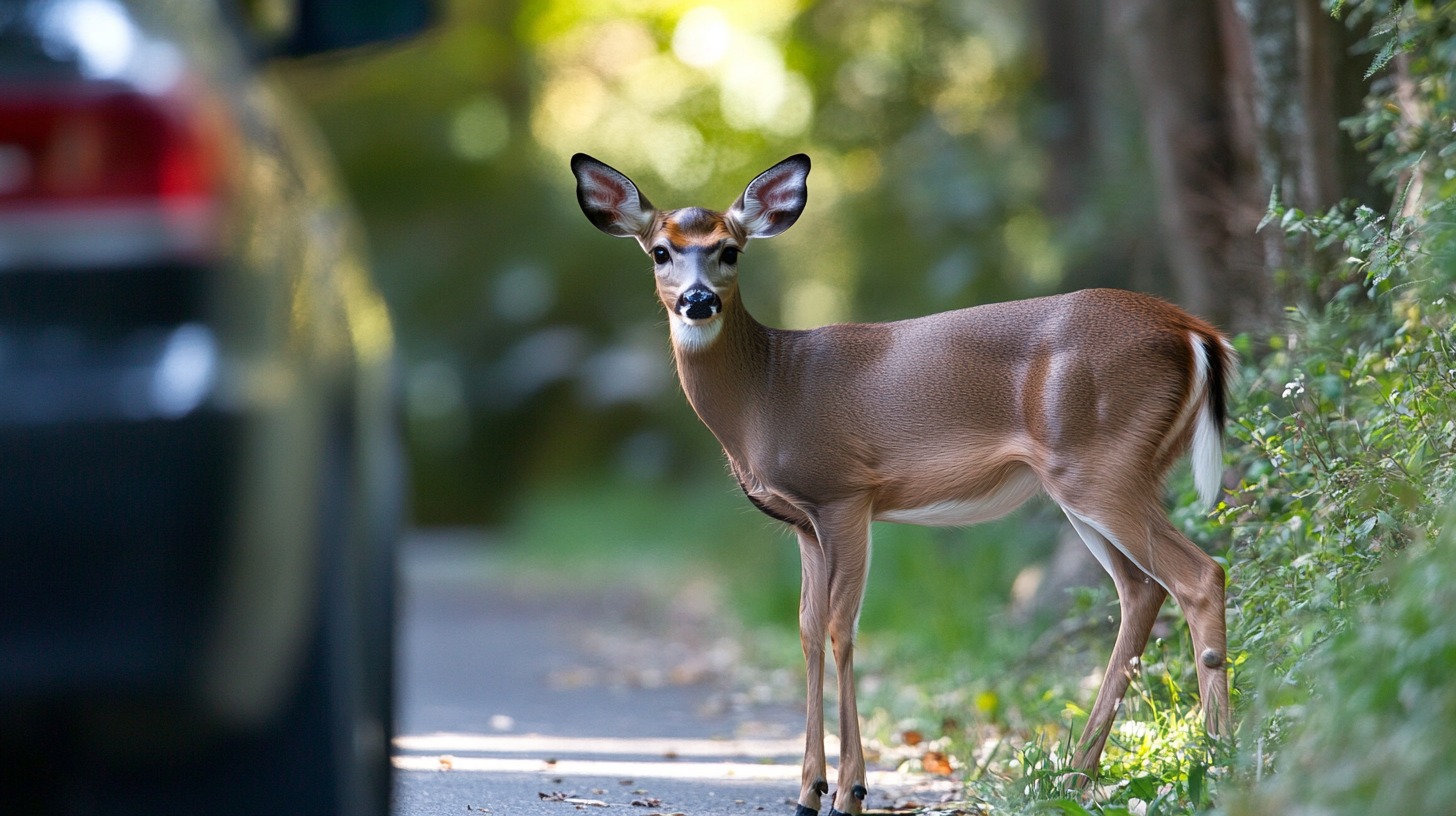 A deer standing cautiously on a forest-lined road near a parked car, looking towards the viewer