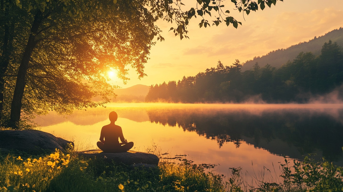 A person meditating near a calm lake at sunrise