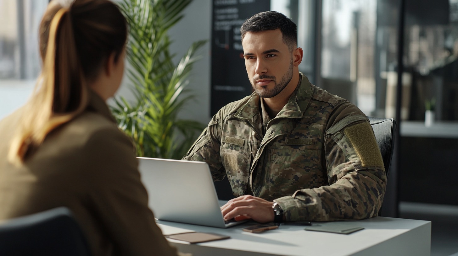 Military personnel in uniform at a desk conducting career counseling with a civilian