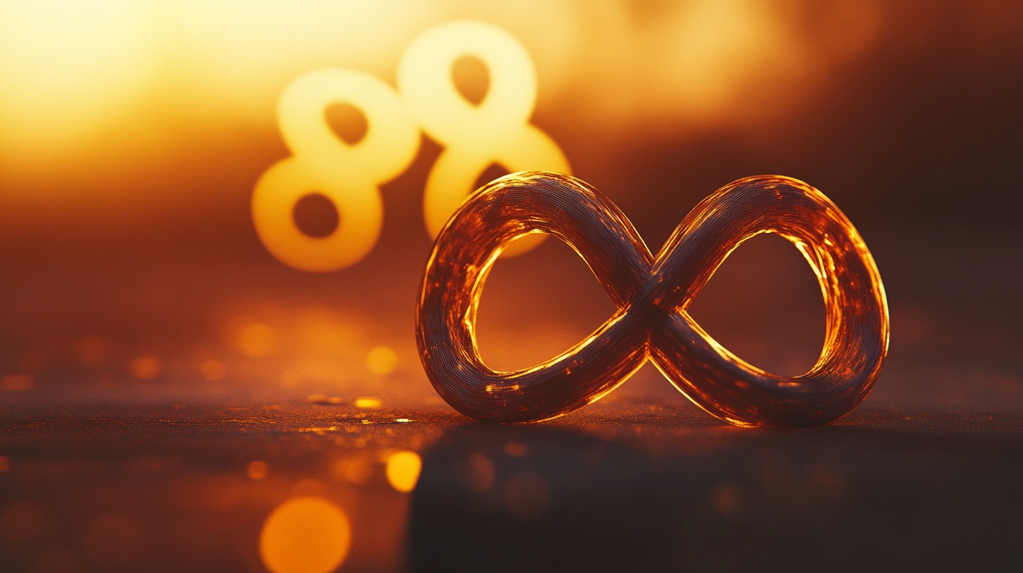 A metallic infinity symbol glows in a golden light with the number 88 in the background, representing limitless possibilities and balance