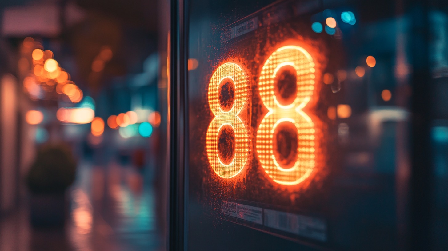 A neon-lit number 88 glowing brightly on a reflective glass surface in an urban setting