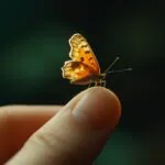 Close-up of a small orange butterfly resting on a person’s fingertip against a softly blurred dark green background