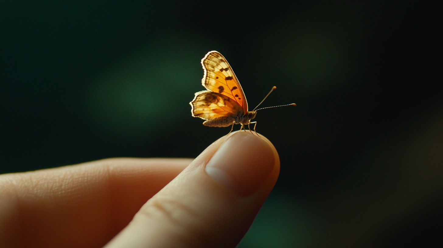 Close-up of a small orange butterfly resting on a person’s fingertip against a softly blurred dark green background