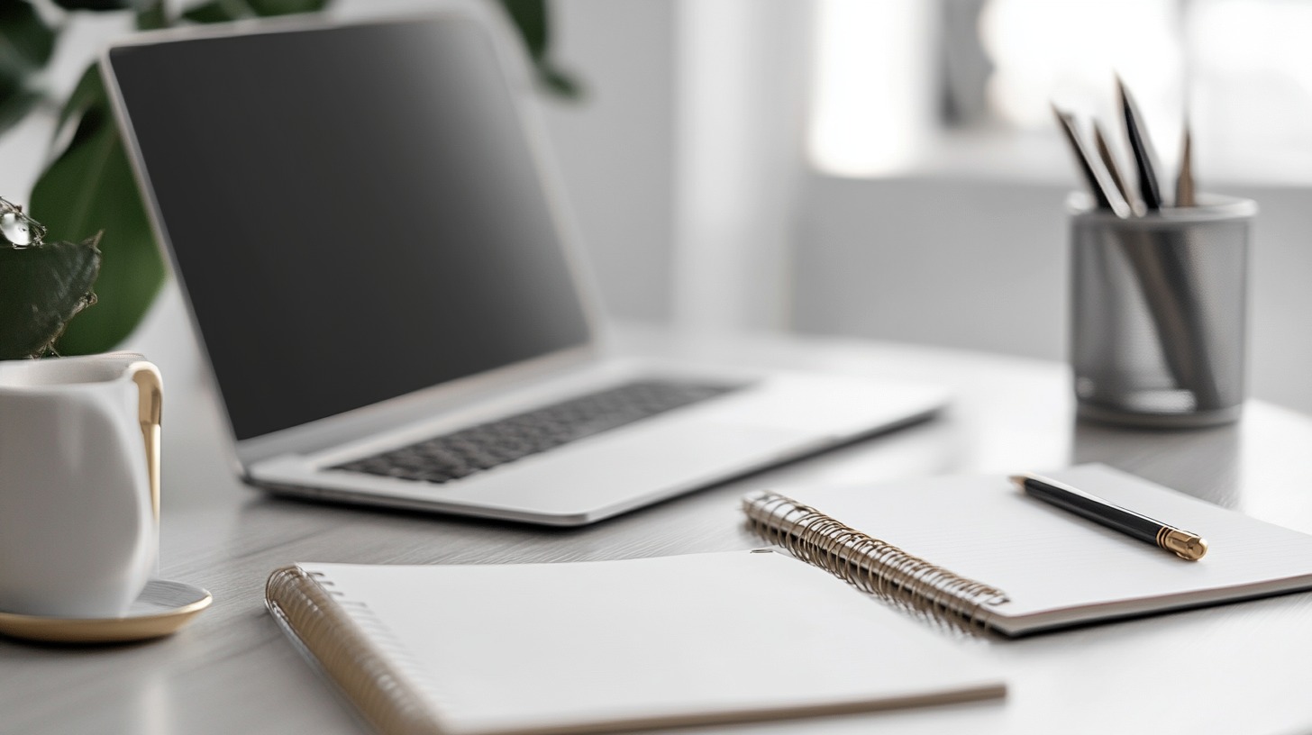 A minimalist workspace with a laptop, notebook, and coffee cup on a desk, conveying organization, productivity, and focus