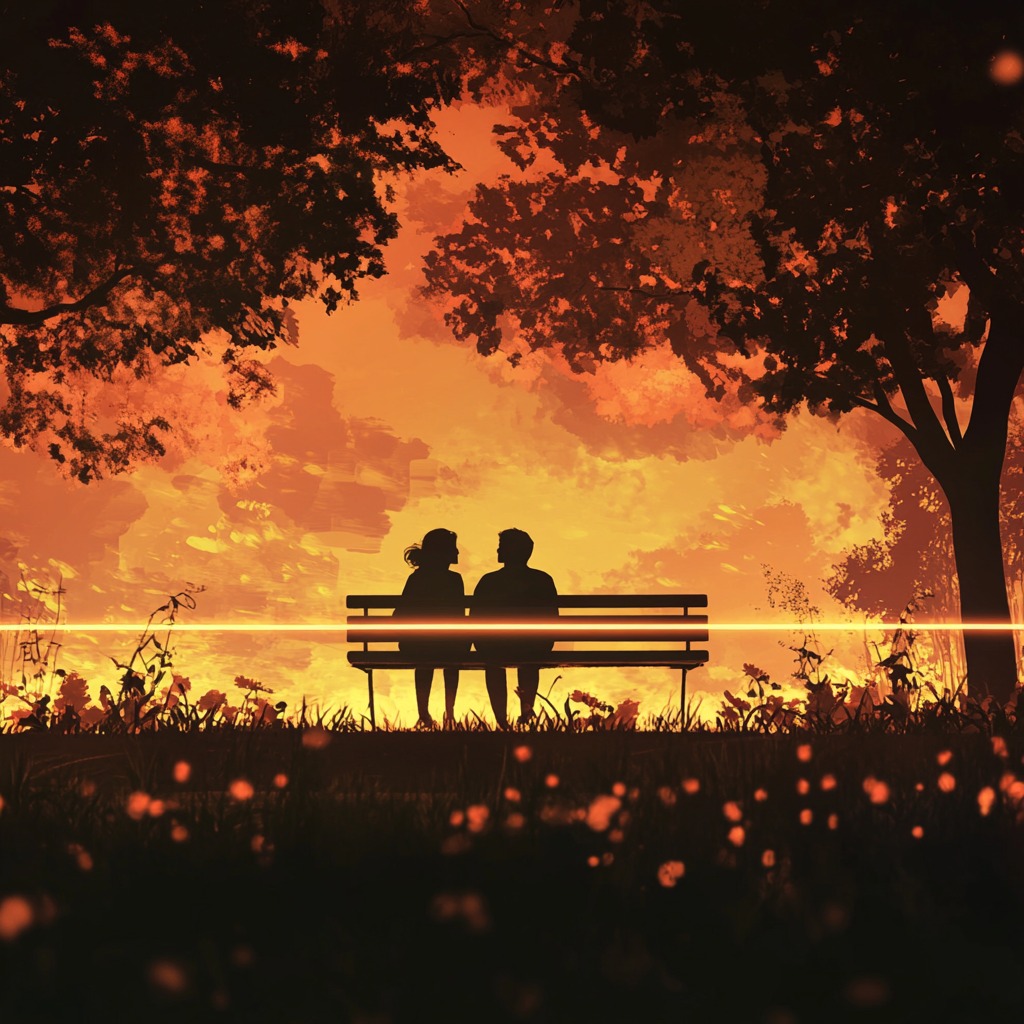 Two people sitting together on a bench in a quiet park at sunset