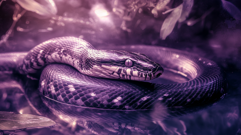 Close-Up of A Snake Coiled in Purple Lighting, Representing Snake Appearances in Dreams