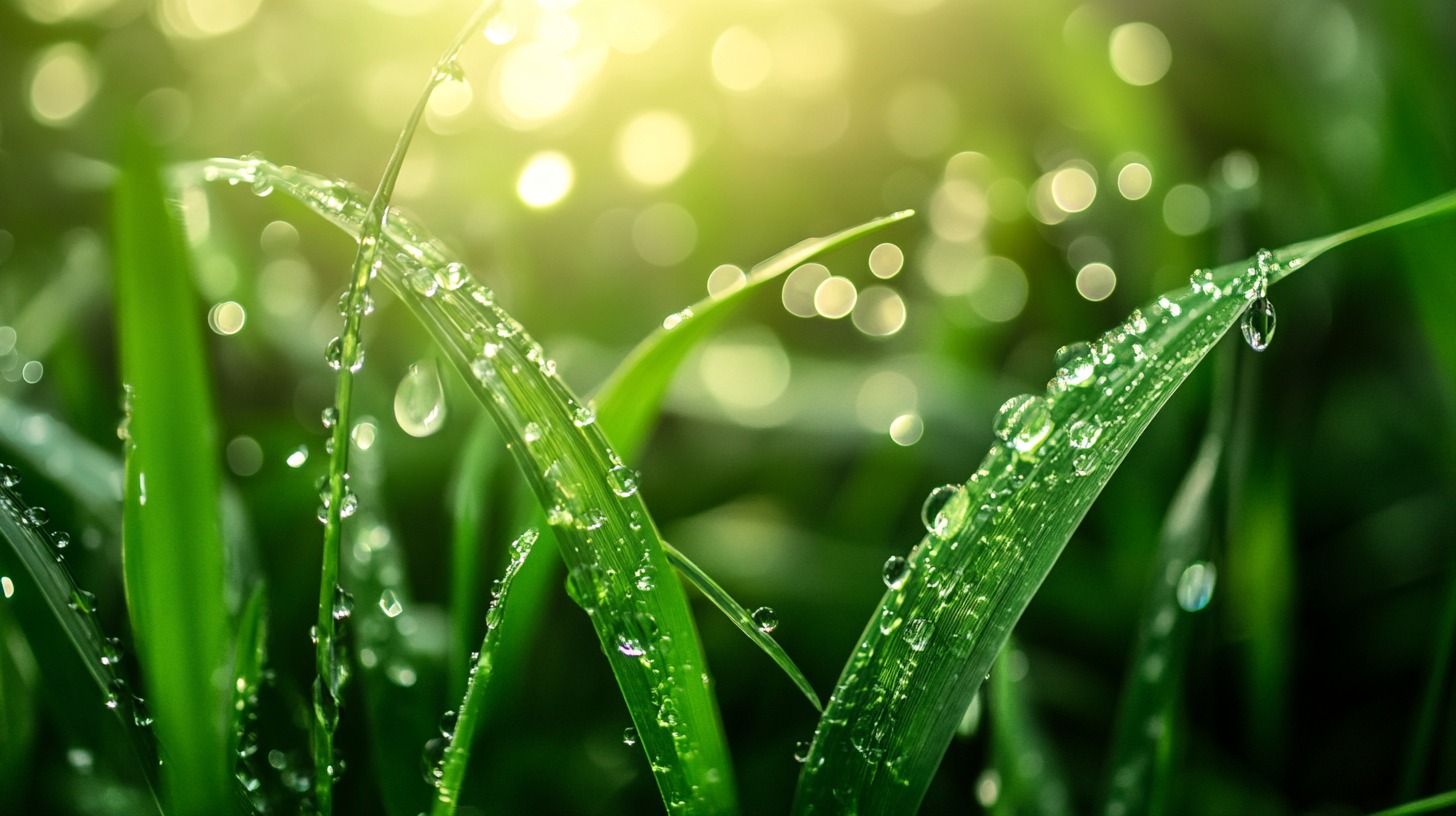 Close-up of vibrant green grass blades covered in dewdrops, glistening under soft morning sunlight