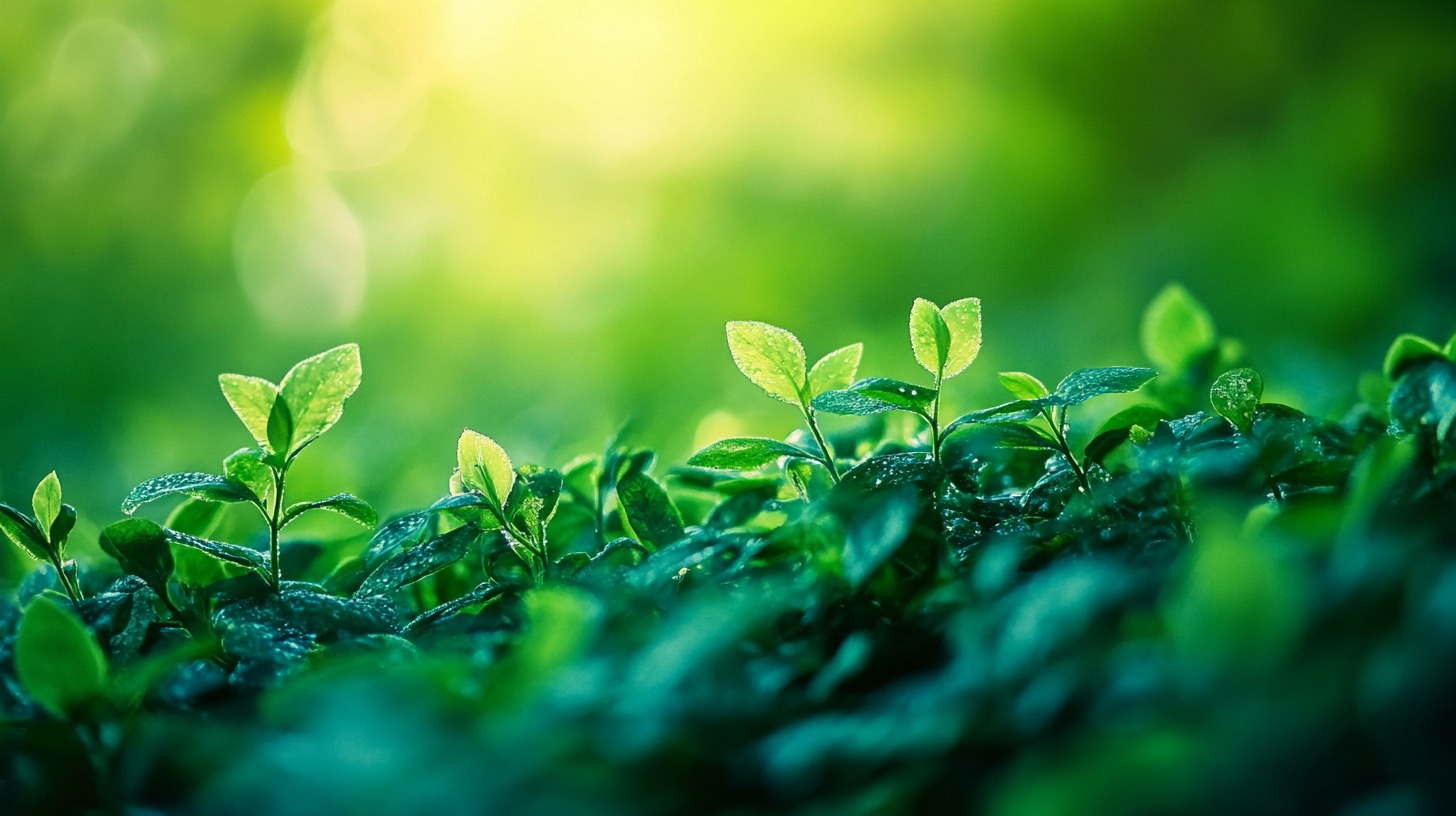 Close-up of fresh green leaves with dewdrops, bathed in soft sunlight, symbolizing growth and vitality