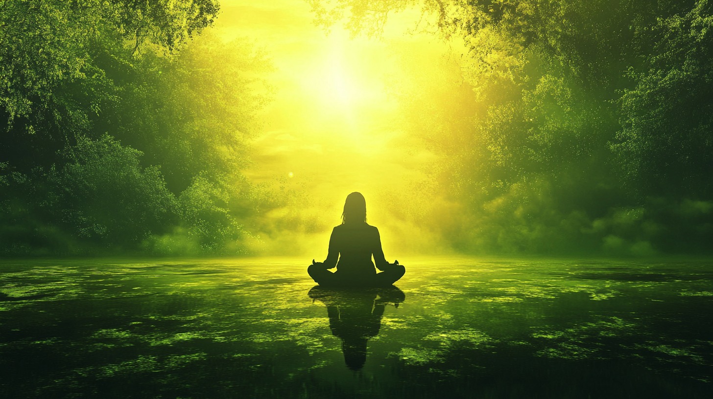 A silhouette of a person meditating in a serene green environment, surrounded by glowing light and lush trees, reflecting on a calm water surface