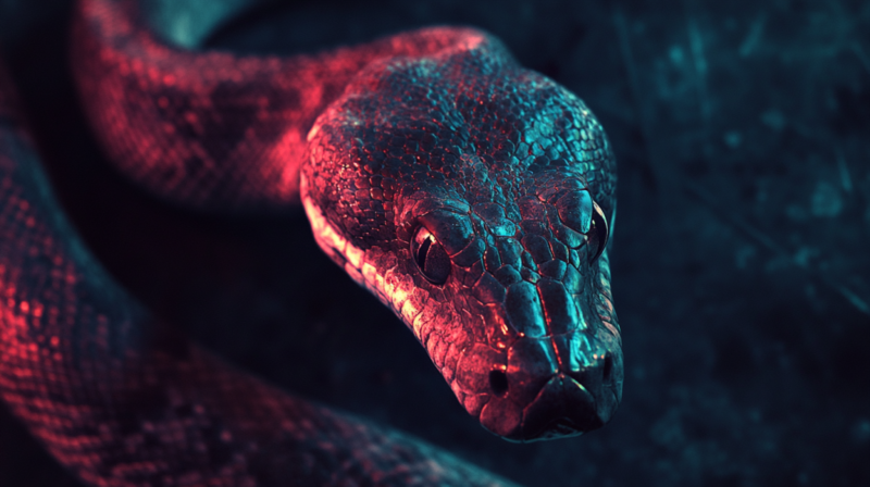 Close-Up of A Snake with Red and Blue Lighting, Symbolizing Snake Dreams