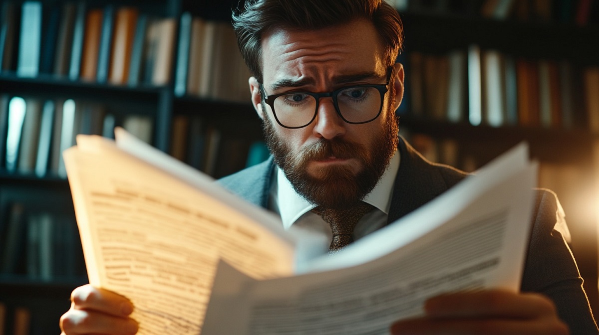 A man confused by paperwork for buying weapons online