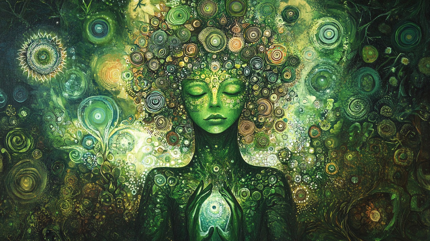 A surreal artwork of a mystical green figure with closed eyes, surrounded by swirling patterns and glowing energy, symbolizing nature and spiritual enlightenment