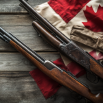 Two hunting rifles on a wooden surface with a partially folded Canadian flag.