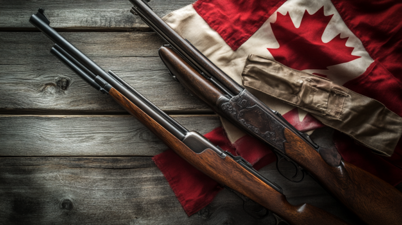 Two hunting rifles on a wooden surface with a partially folded Canadian flag.