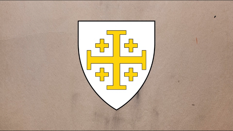 Heraldic Shield Featuring a Yellow Cross with Smaller Crosses at The Ends of Its Arms