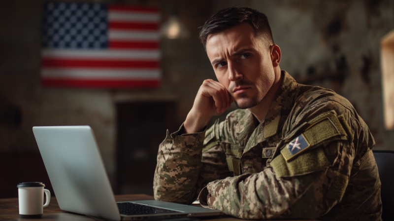 A Soldier in Military Uniform, Sitting at A Desk with A Laptop, Reflecting on How to Highlight Military Service on A Resume