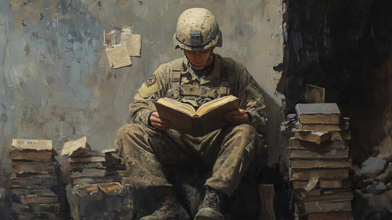  A soldier in full combat gear sits against a worn-down wall, reading a book. Surrounding him are stacks of old, tattered books, suggesting a moment of reflection amidst a war-torn environment.