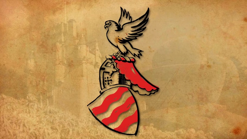 Heraldic Crest Featuring a Bird Perched on A Knight's Helmet with Red and White Striped Patterns