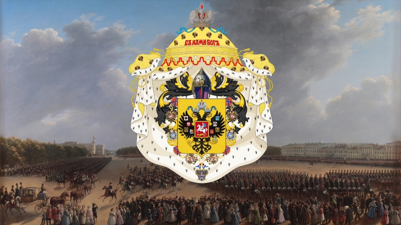 Heraldic Coat of Arms with Intricate Symbols, Set Against a Historical Scene of A Royal Procession