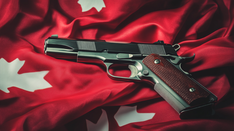 A handgun resting on a Canadian flag.