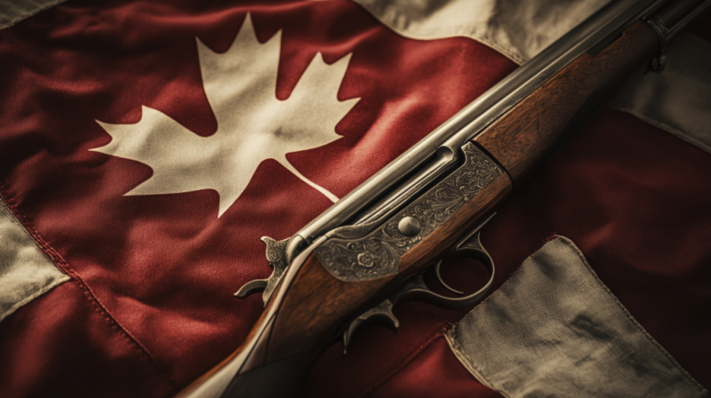 A vintage rifle placed on a Canadian flag.