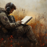 A soldier in camouflage gear sits in a field, wearing headphones and writing in a diary or journal. The setting has warm autumn tones, with tall grass and scattered red flowers.