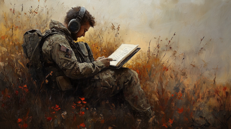 A soldier in camouflage gear sits in a field, wearing headphones and writing in a diary or journal. The setting has warm autumn tones, with tall grass and scattered red flowers.