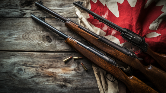 Three hunting rifles on a wooden surface with a partially folded Canadian flag.